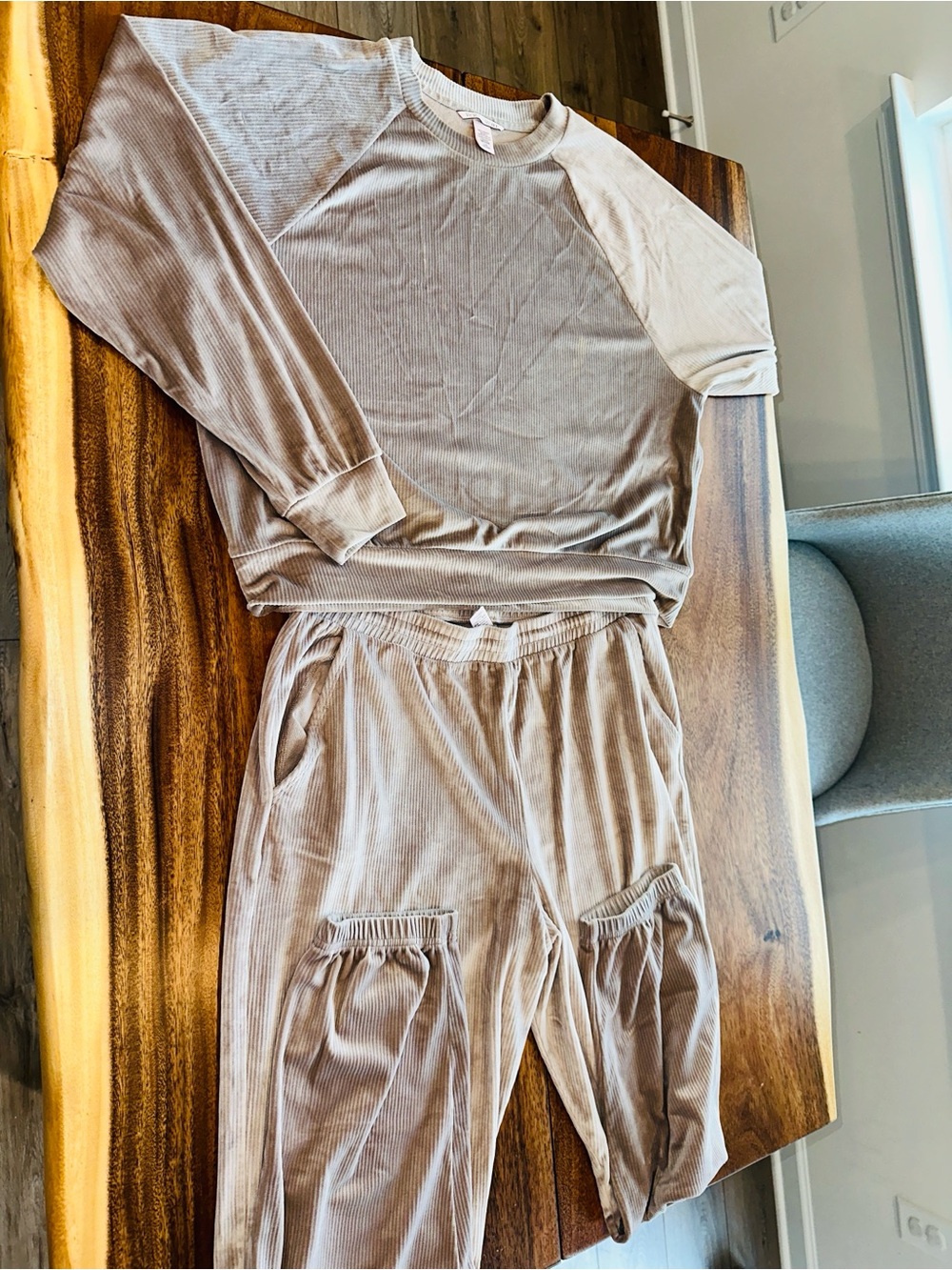 Women’s Beige Velour Pajama Set - Soft Lounge Top & Pants